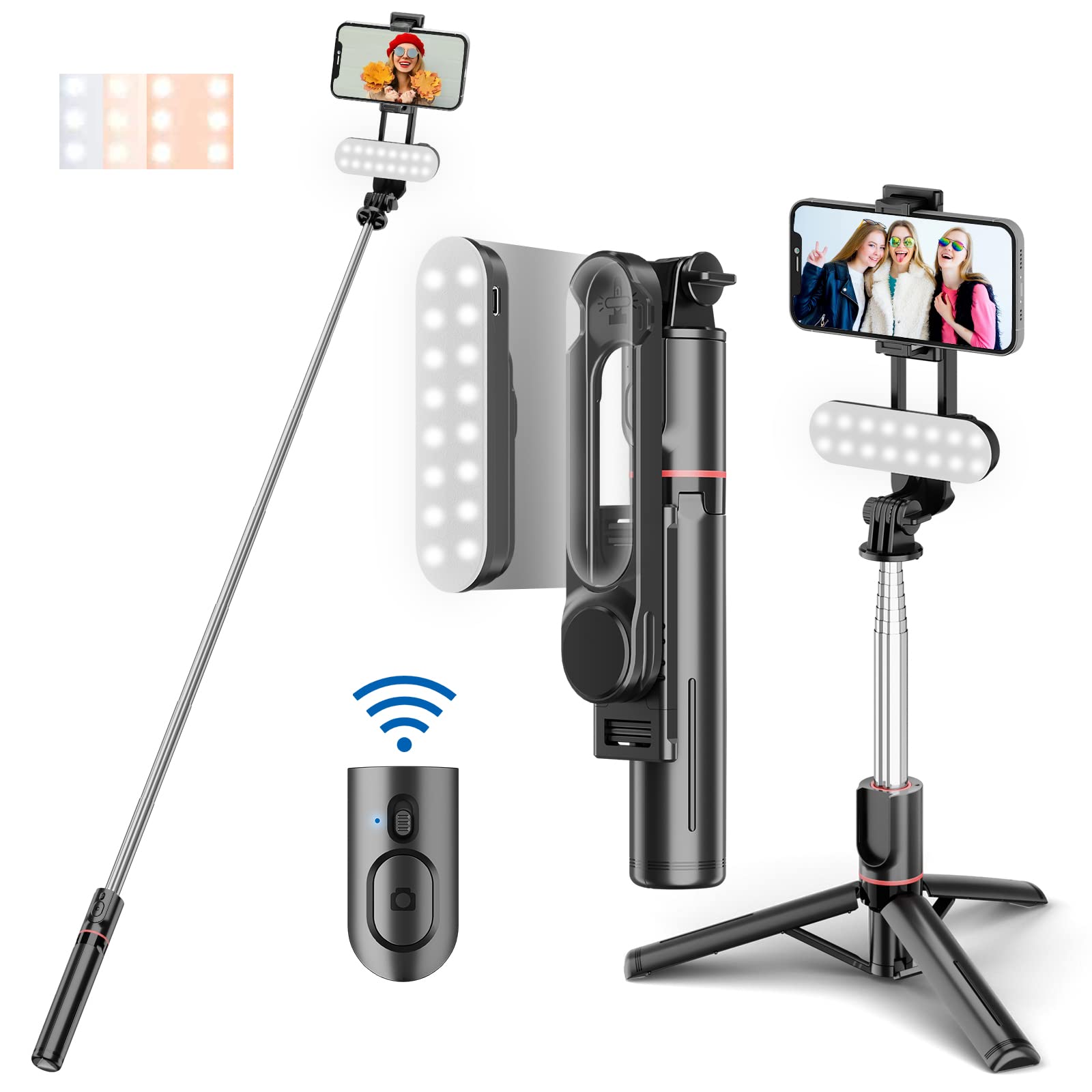 Selfie Stick for iPhone - Upgrade Detachable Selfie Light, 44 Inch Extendable Tripod with Wireless Remote, 3 Light Modes, 9 Brightness Levels, Compatible with All iPhone & Android Devices-OXIMETERBUY