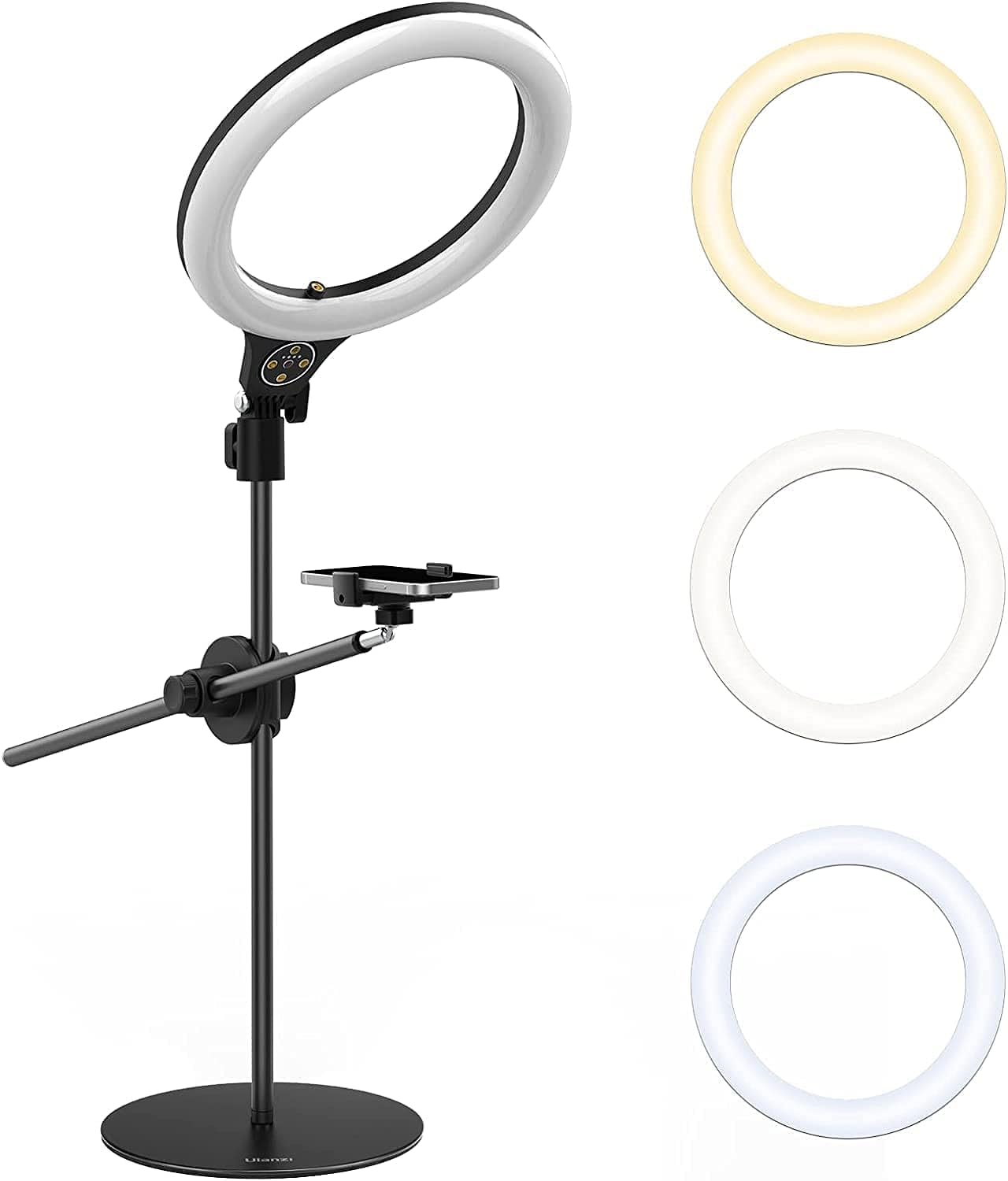 [Upgraded Base]  Overhead Phone Mount with 10" Selfie Ring Light, Tabletop Light Stand with 360° Shooting Arm, 3500k-6500K Dimmable Ring Light for Video Recording, Live Stream, Portrait & Makeup-OXIMETERBUY