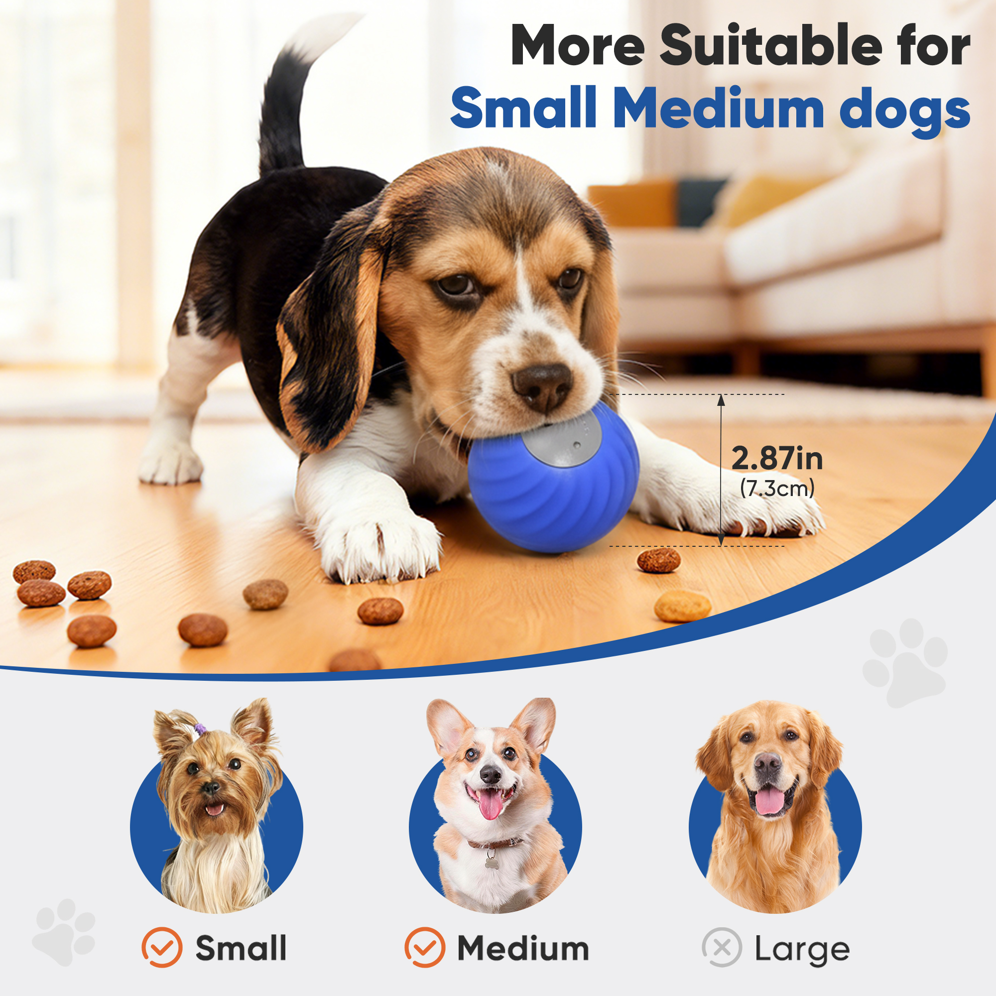 "Petbobi Interactive Dog Ball, USB Rechargeable Moving Dog Toy for Treat Dispensing, 2.87"" Blue Washable TPU Puzzle Ball, Interactive Dog Toys for Small & Medium Dogs, Boredom & Anxiety Relief  "