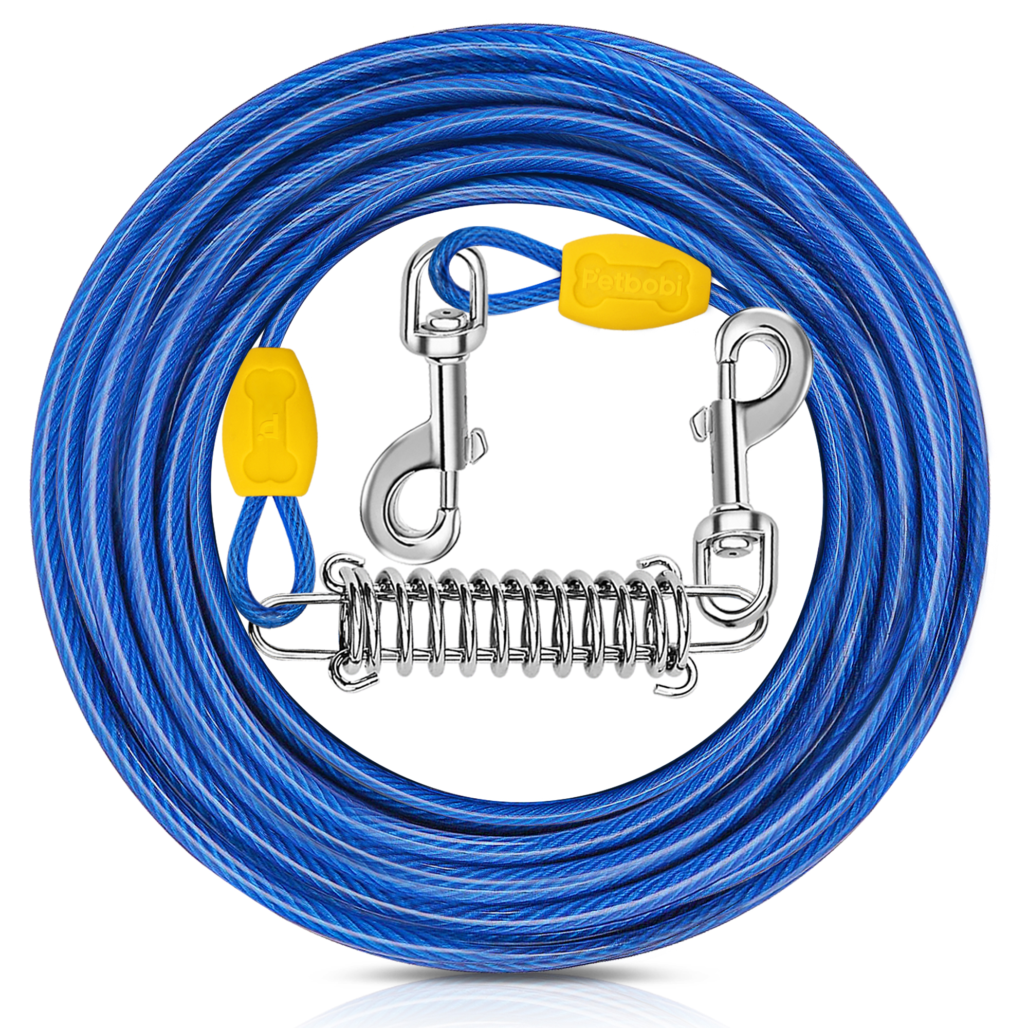 Petbobi 50ft Dog Tie-Out Cable, 4mm Metal Leash with Shock Absorbing Spring & 360°Swivel Clips for Outdoor Camping/Yard, Fits Small to Large Dogs Up to 120lbs, Blue