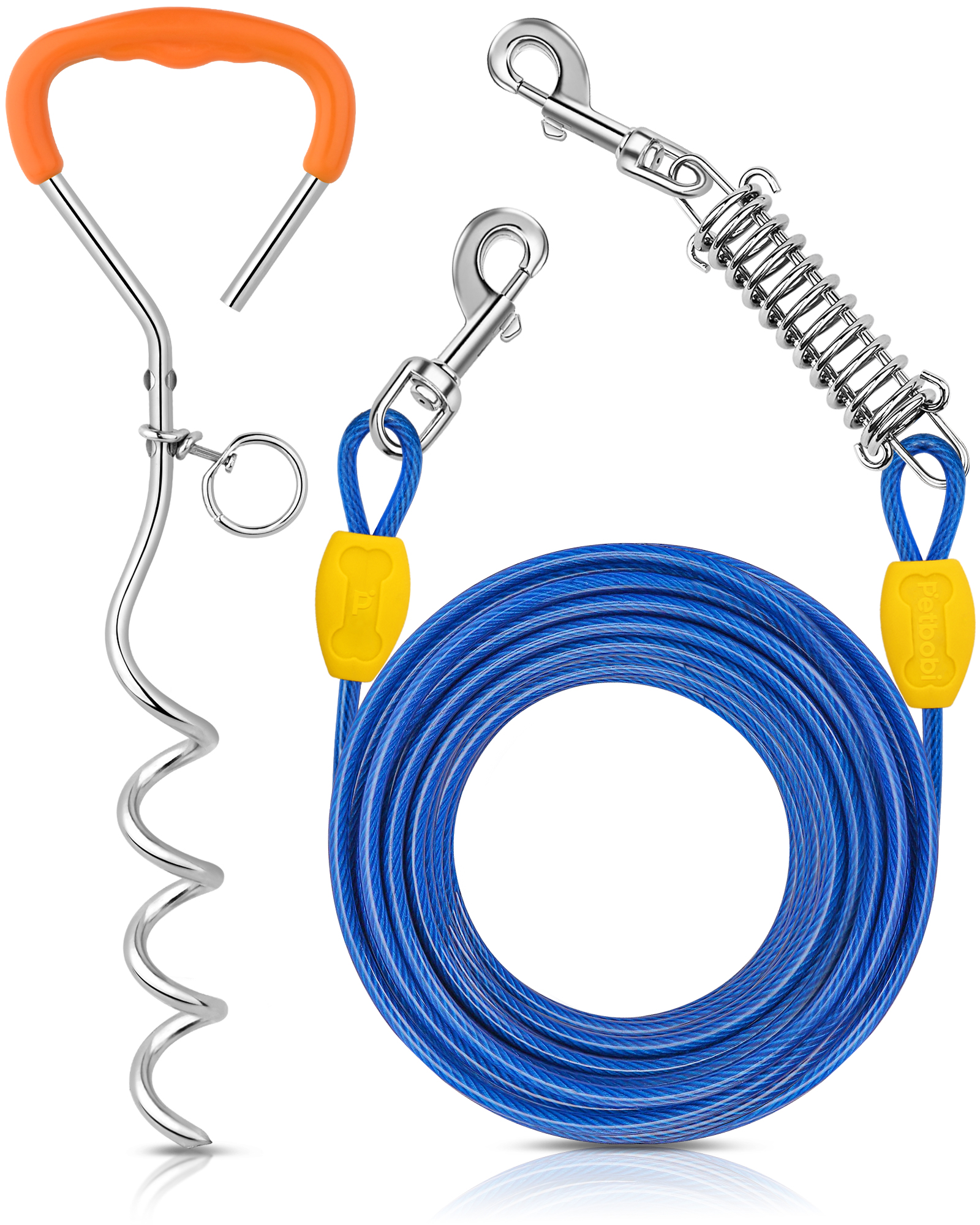 Petbobi 50ft Dog Tie Out Cable and Stake, Dog Runner Leash with Spring for Medium Large Dog up to 120lbs