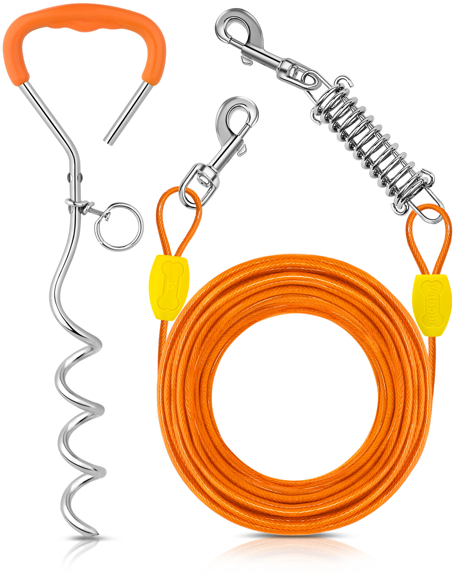 Petbobi Dog Tie Out Cable and Stake, 50ft Dog Runner for Yard Chew Proof Wire Rope for Dogs up to 120LBS, Orange