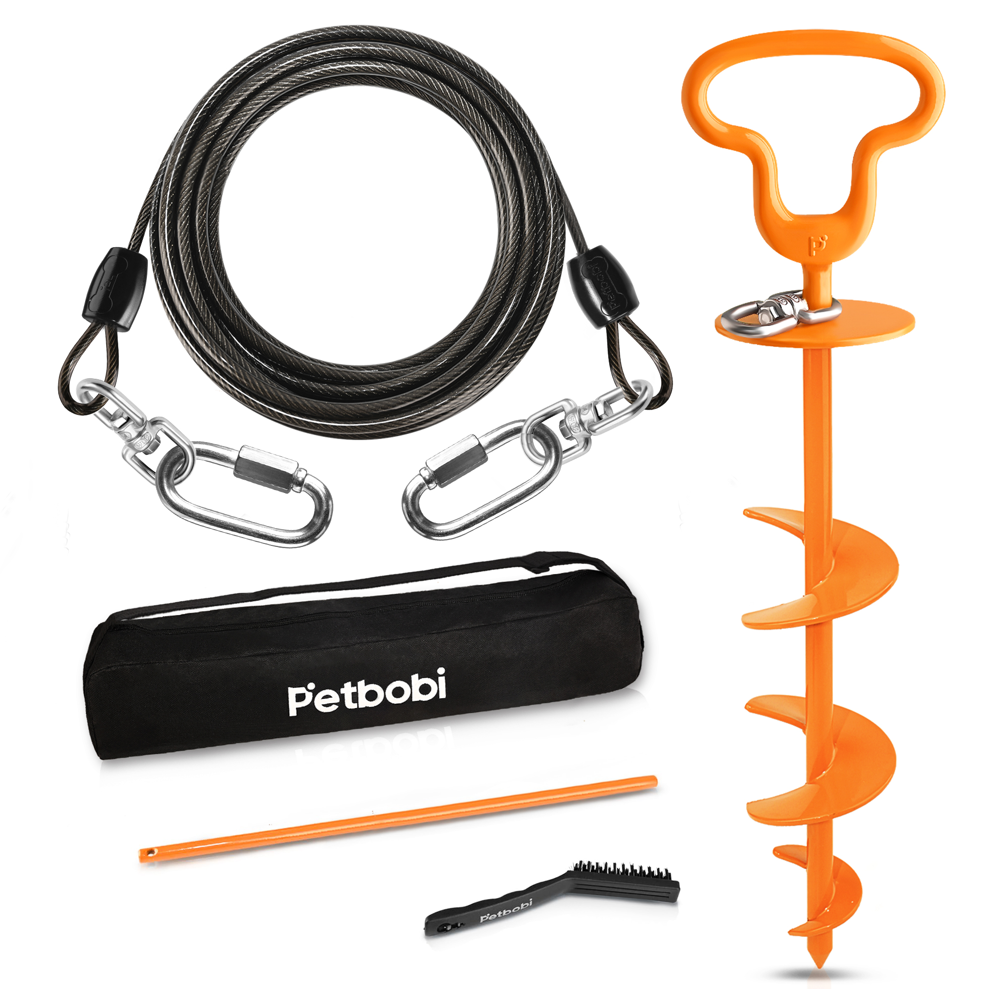 Petbobi Heavy Duty Dog Tie Out Cable and Stake with 360° Swivel Connection Ring 20ft Extra Strong Wire Cable for Large Dogs up to 300lbs, Black