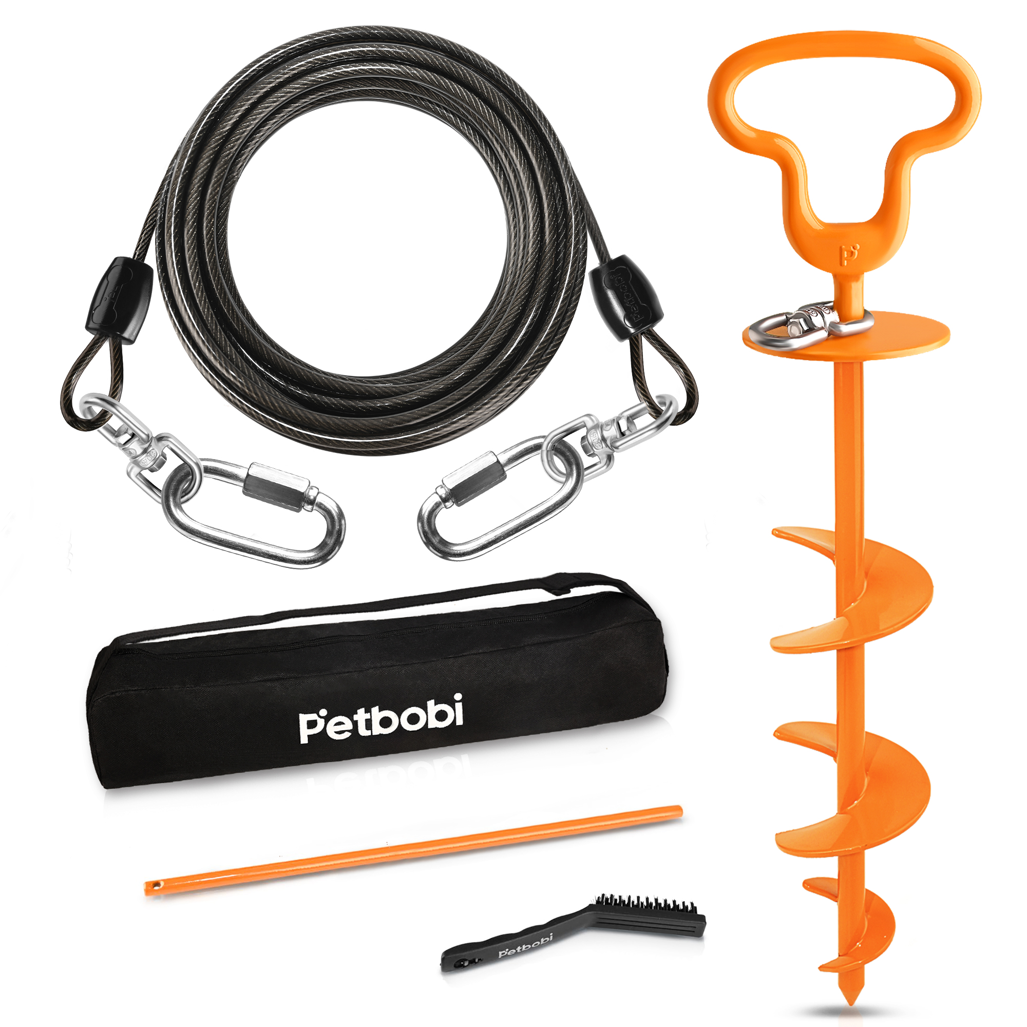 Petbobi Heavy Duty Dog Tie Out Cable and Stake with 360° Swivel Connection Ring 30ft Extra Strong Wire Cable for Large Dogs up to 300lbs, Black