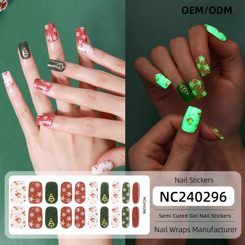 Glow Santa Christmas Tree Nails Designs Semi Cured Gel Nail Strips