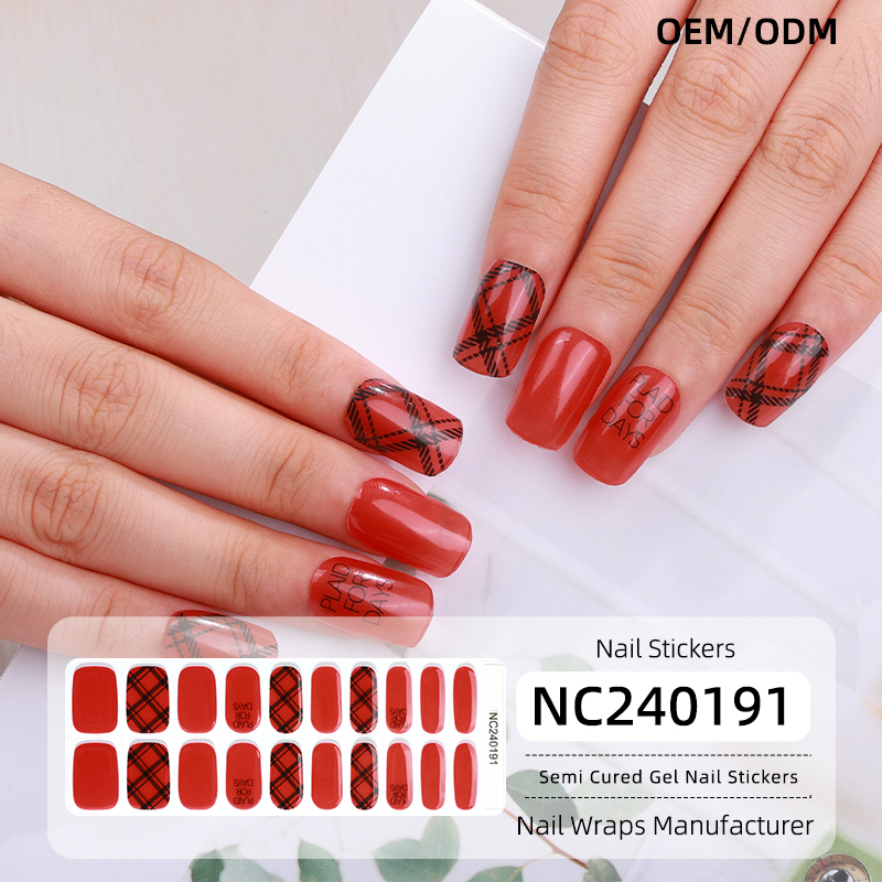 Retro Plaid Red Nails Designs Semi Cured Gel Nail Strips