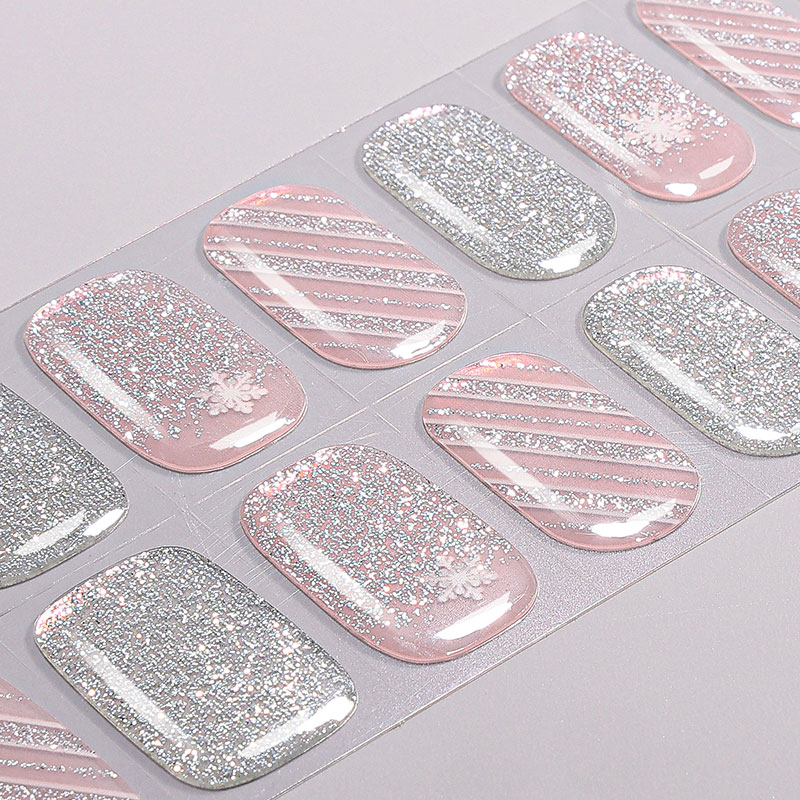 Pink & Silver Snowflake Sparkle Nails Designs Semi Cured Gel Nail Strips