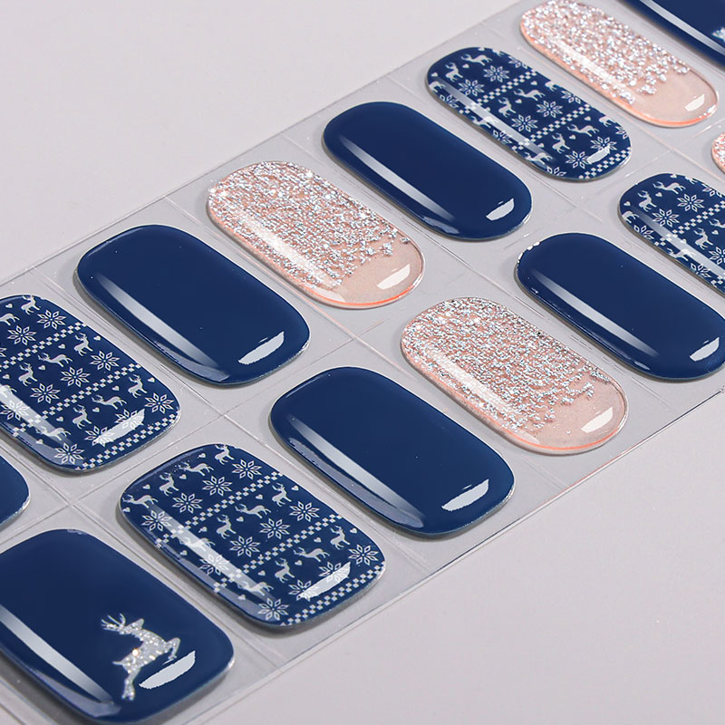Navy Blue Reindeer Winter Nails Designs Semi Cured Gel Nail Strips