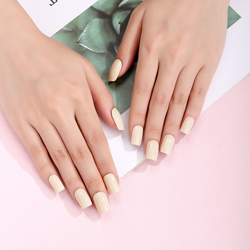 Cream Beige Solid Nails Designs Semi Cured Gel Nail Strips