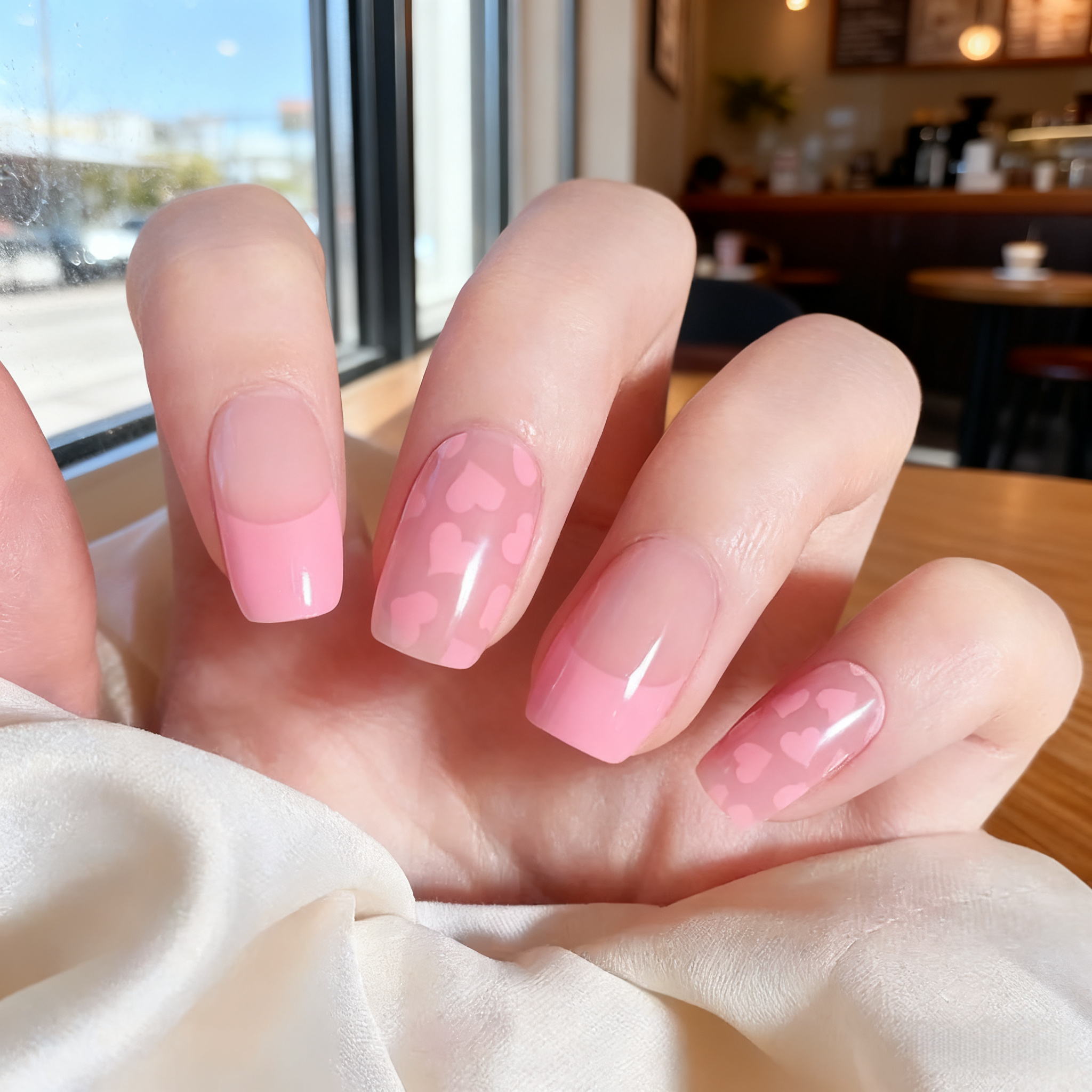 Pink French Nail With Hearts Valentine's Day Nails Semi Cured Gel Nail Strips
