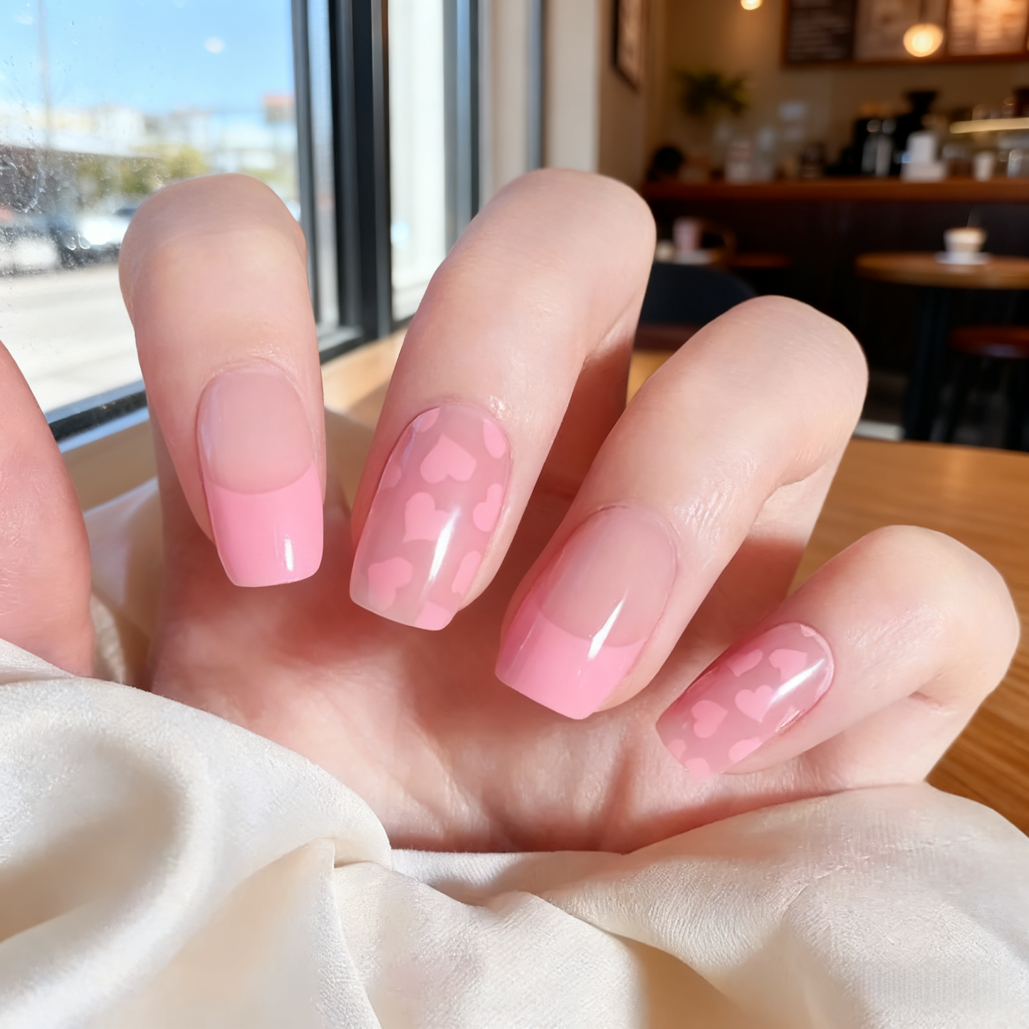Pink French Nail With Hearts Valentine's Day Nails Semi Cured Gel Nail Strips