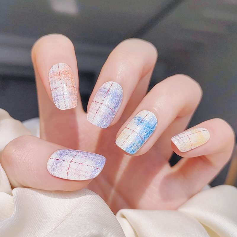 Pastel Plaid Rainbow Nails Designs Semi Cured Gel Nail Strips