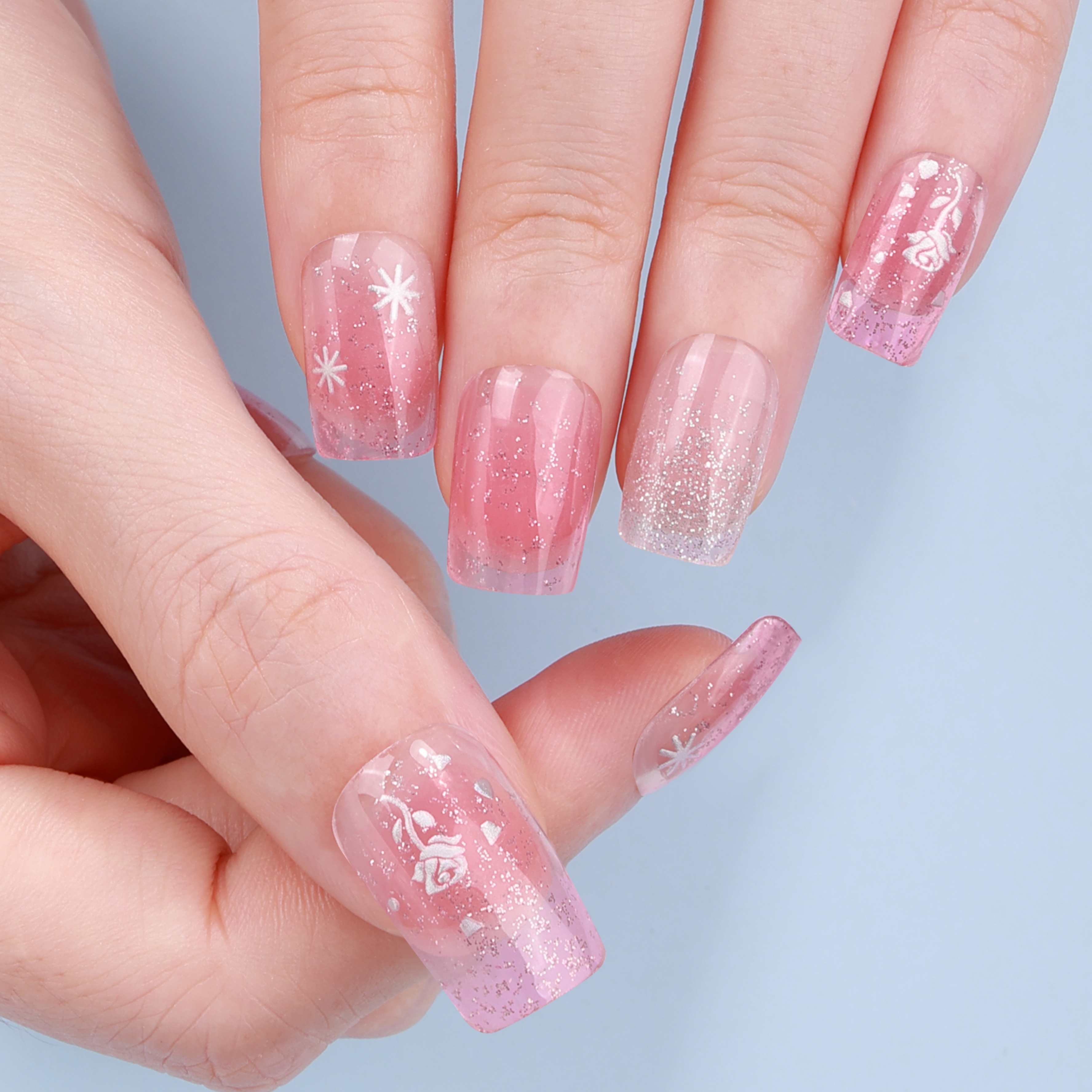 Blush Sparkle Floral Accent Gel Nail Wraps – Dreamy Glow for Feminine Nails