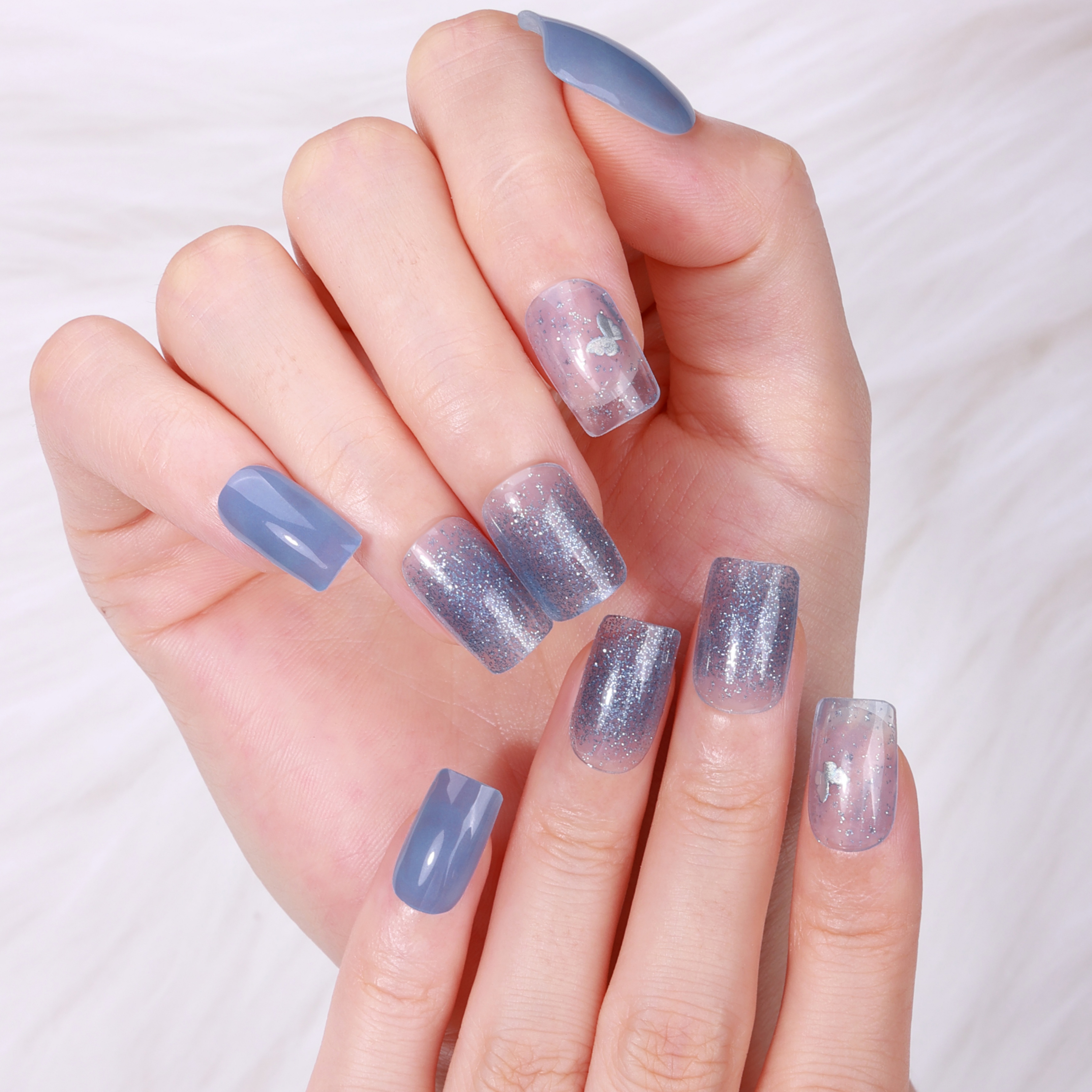 Muted Blue Glitter Star Accent Gel Nail Wraps – Cool Elegance for Modern Nails