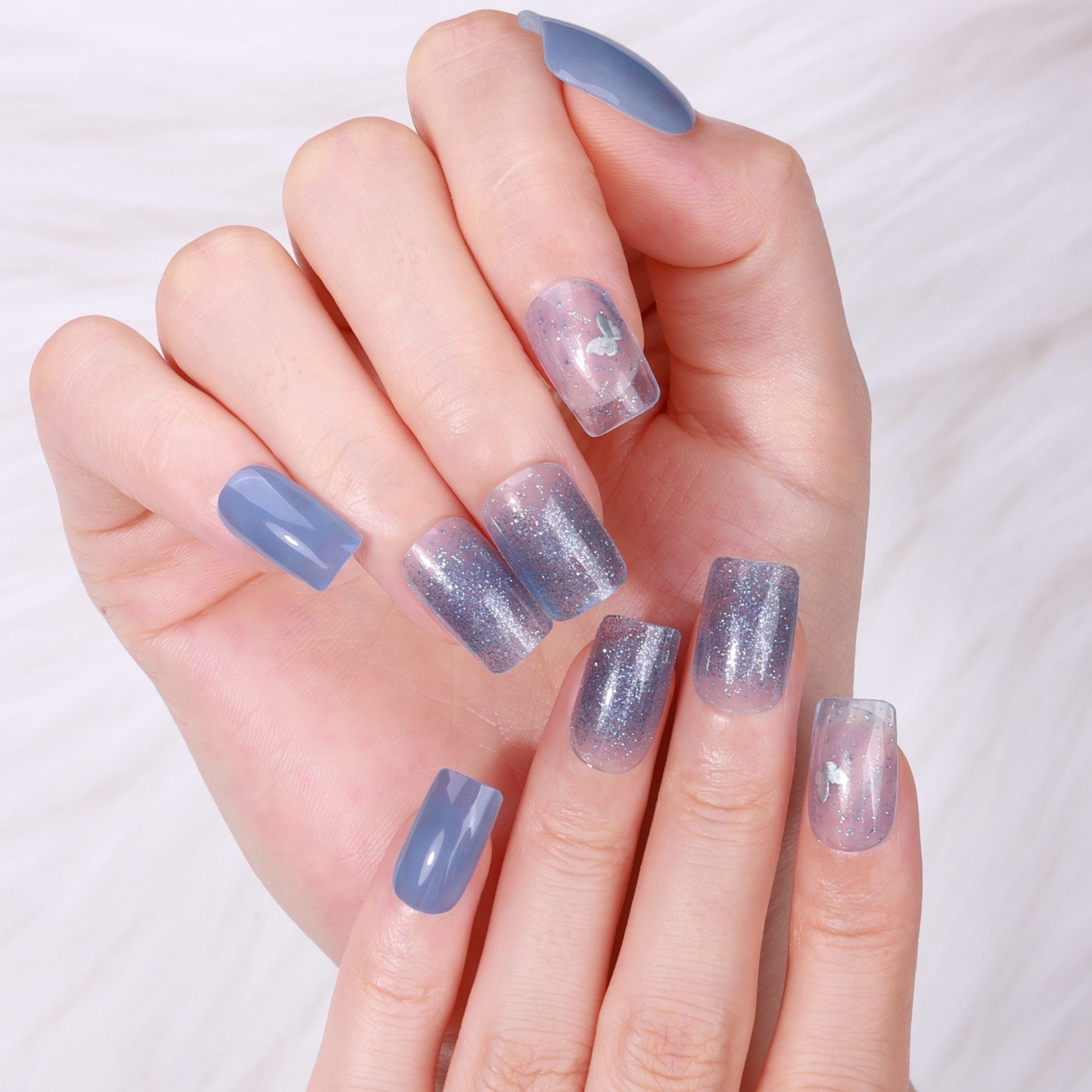 Muted Blue Glitter Star Accent Gel Nail Wraps – Cool Elegance for Modern Nails