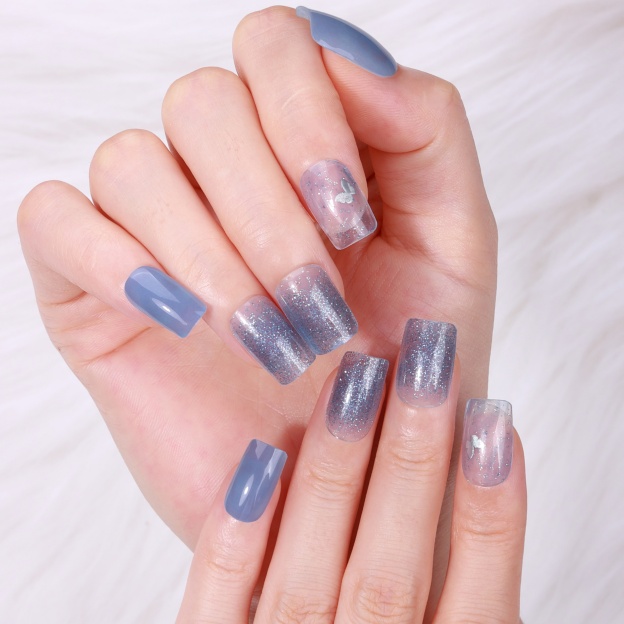 Muted Blue Glitter Star Accent Gel Nail Wraps – Cool Elegance for Modern Nails