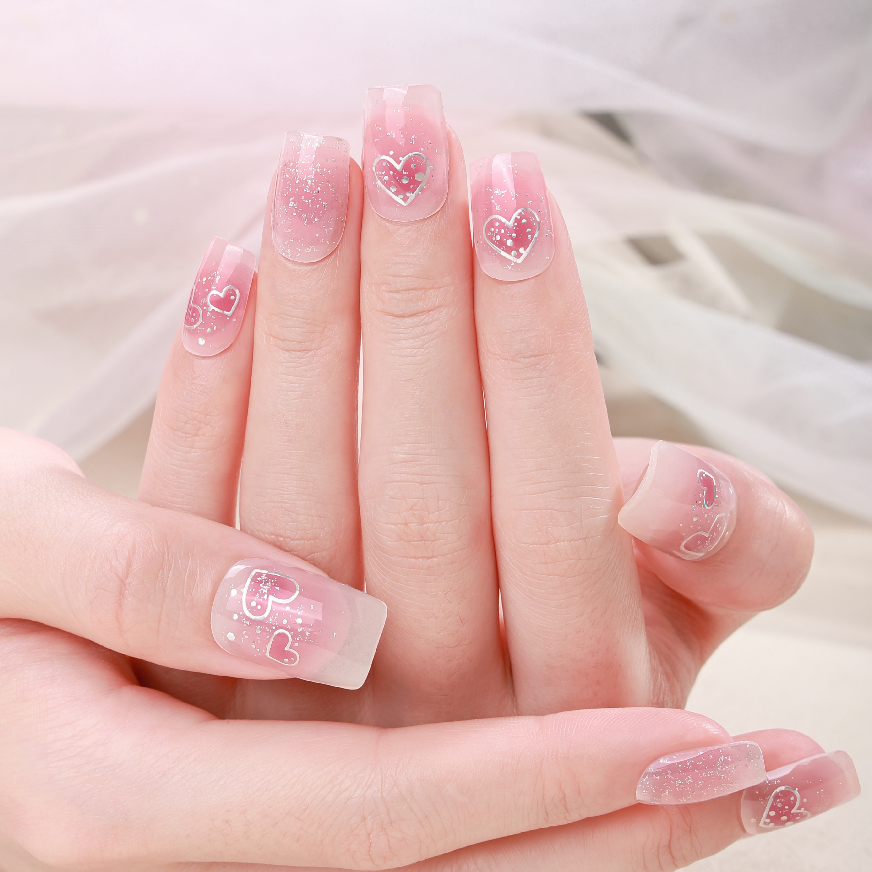 Sheer Pink Heart Glitter Accent Gel Nail Wraps – Sweet Sparkle for Playful Nails