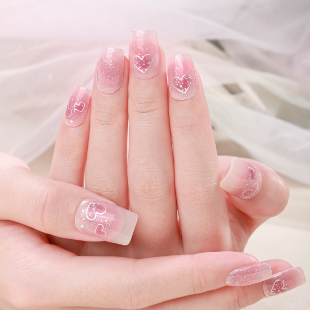 Sheer Pink Heart Glitter Accent Gel Nail Wraps – Sweet Sparkle for Playful Nails