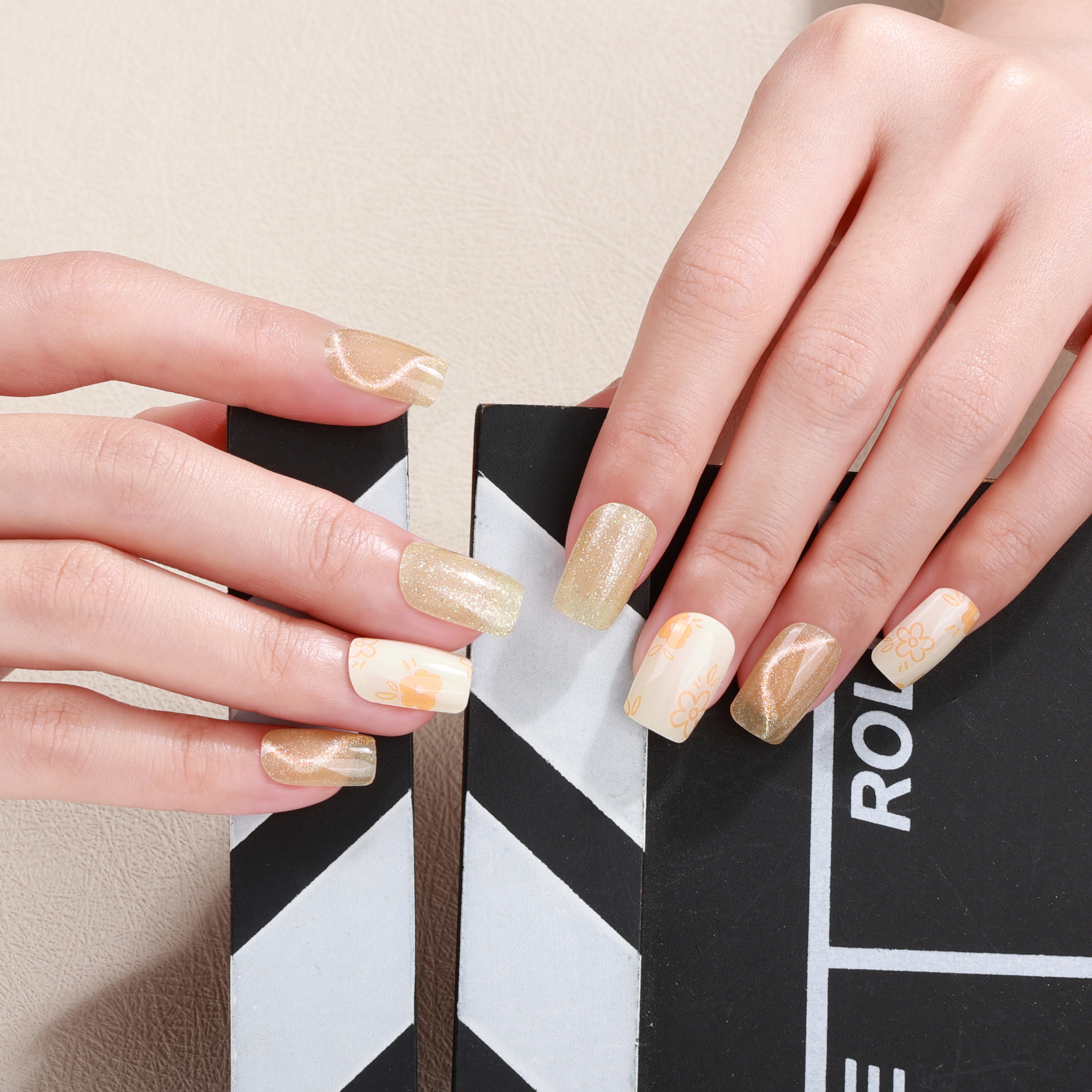 Champagne Glitter & Lace Print Gel Nail Wraps – Luxe Elegance for Formal Nails