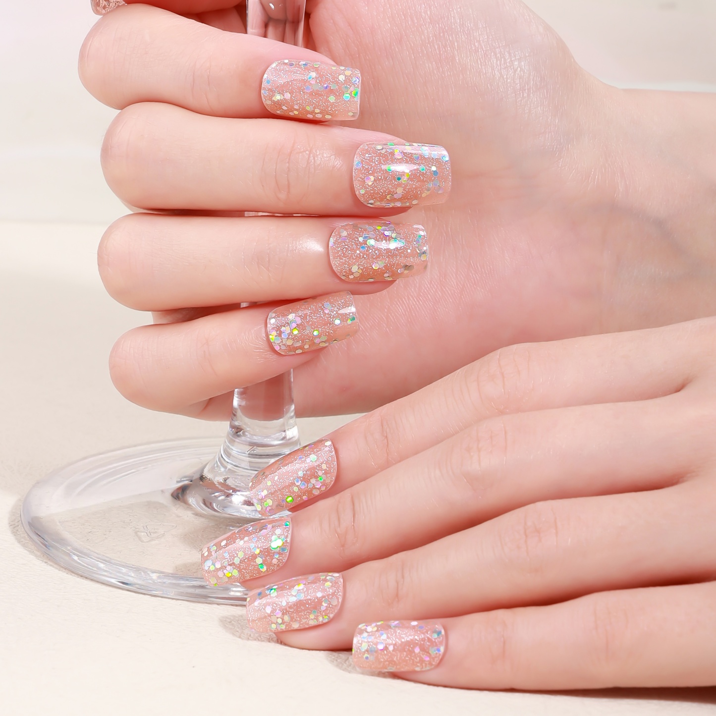 Blush Iridescent Glitter Gel Nail Wraps – Dreamy Sparkle for Formal Nails