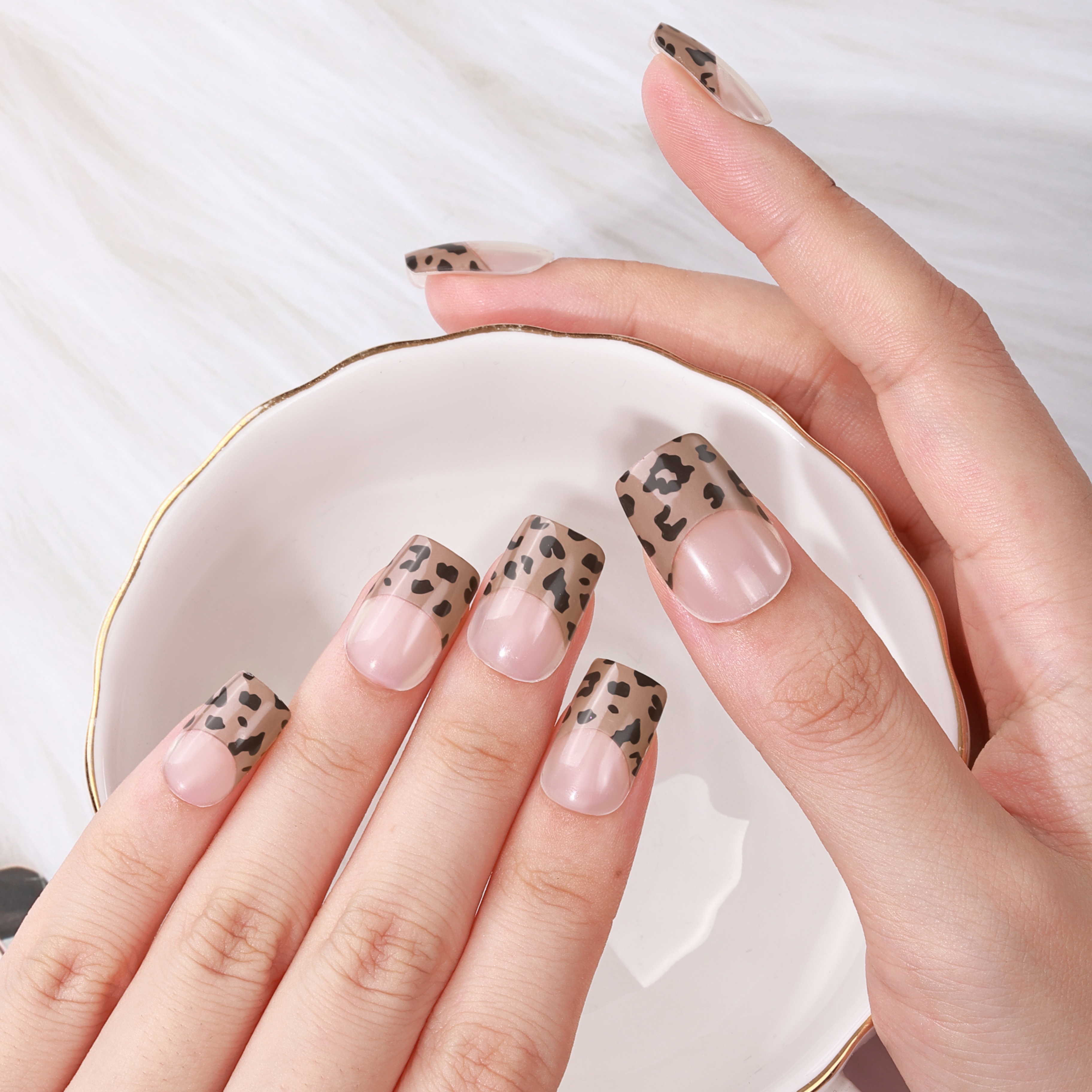 Sheer Beige Leopard Print French Tip Gel Nail Wraps – Chic Playfulness for Daily Nails