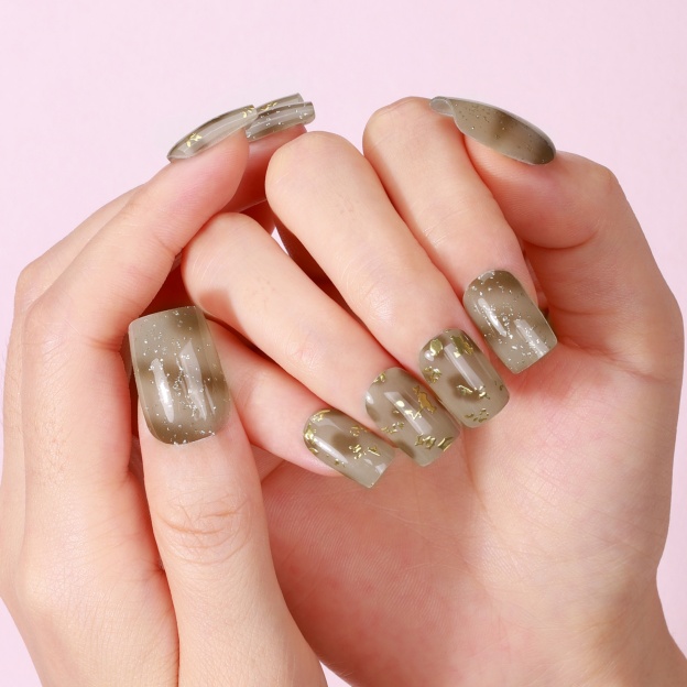 Sage Green & Gold Flake Gel Nail Wraps – Elegant Serenity for Daily Nails