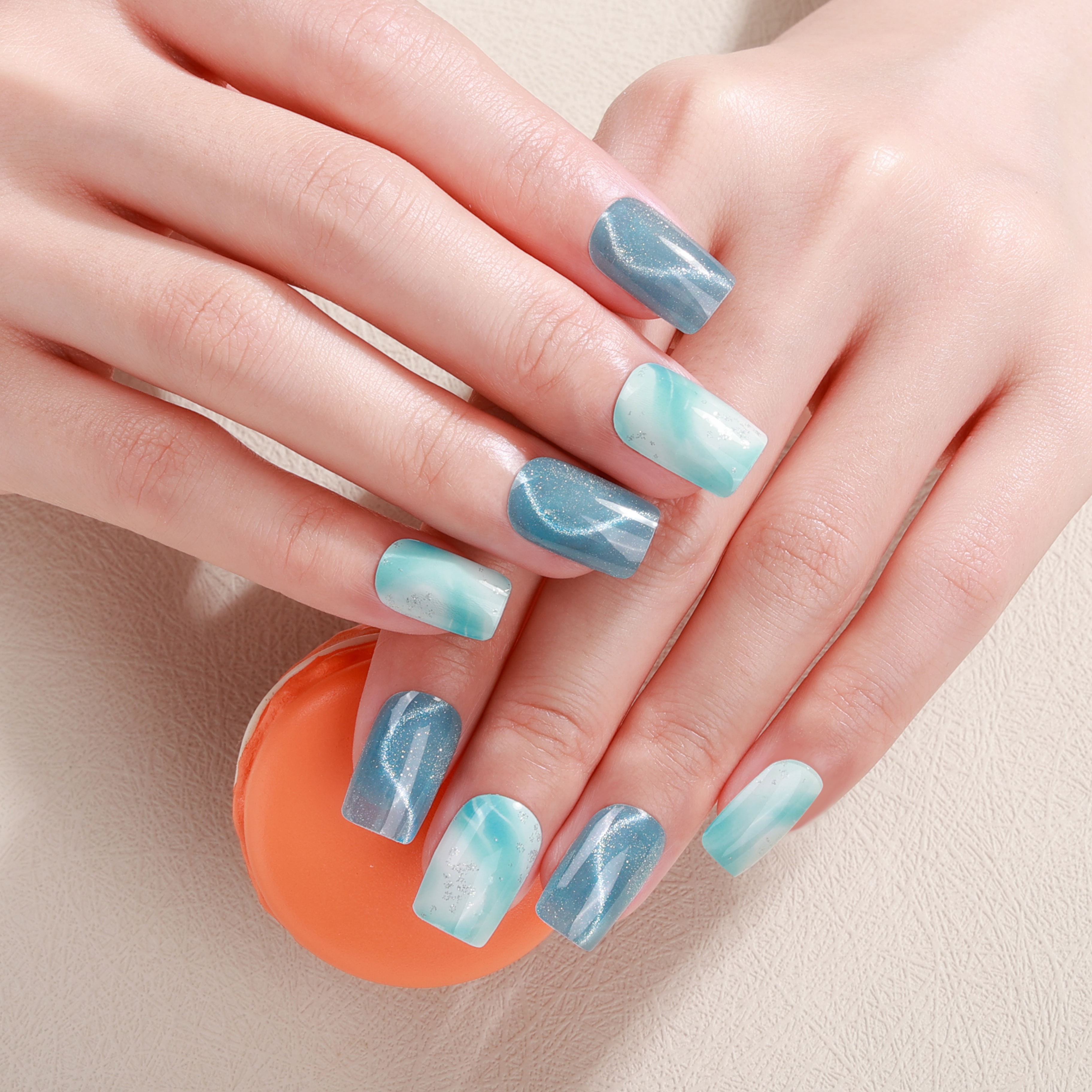 Aqua & Slate Blue Marble Gel Nail Wraps – Cool Serenity for Daily Nails