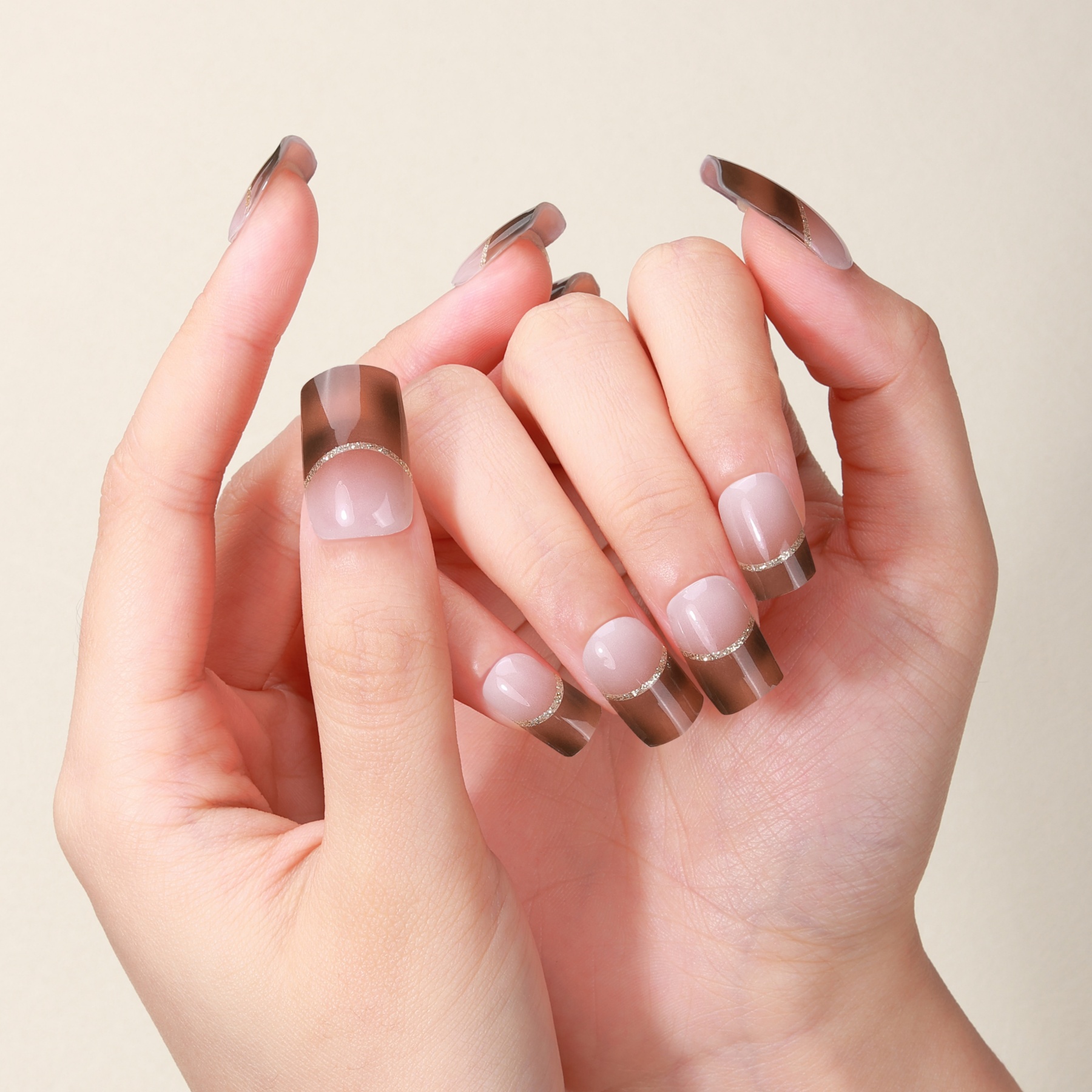 Beige & Mocha French Tip Glitter Gel Nail Wraps – Elegant Minimalism for Formal Nails