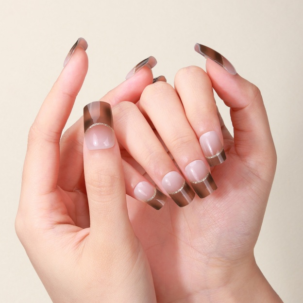 Beige & Mocha French Tip Glitter Gel Nail Wraps – Elegant Minimalism for Formal Nails