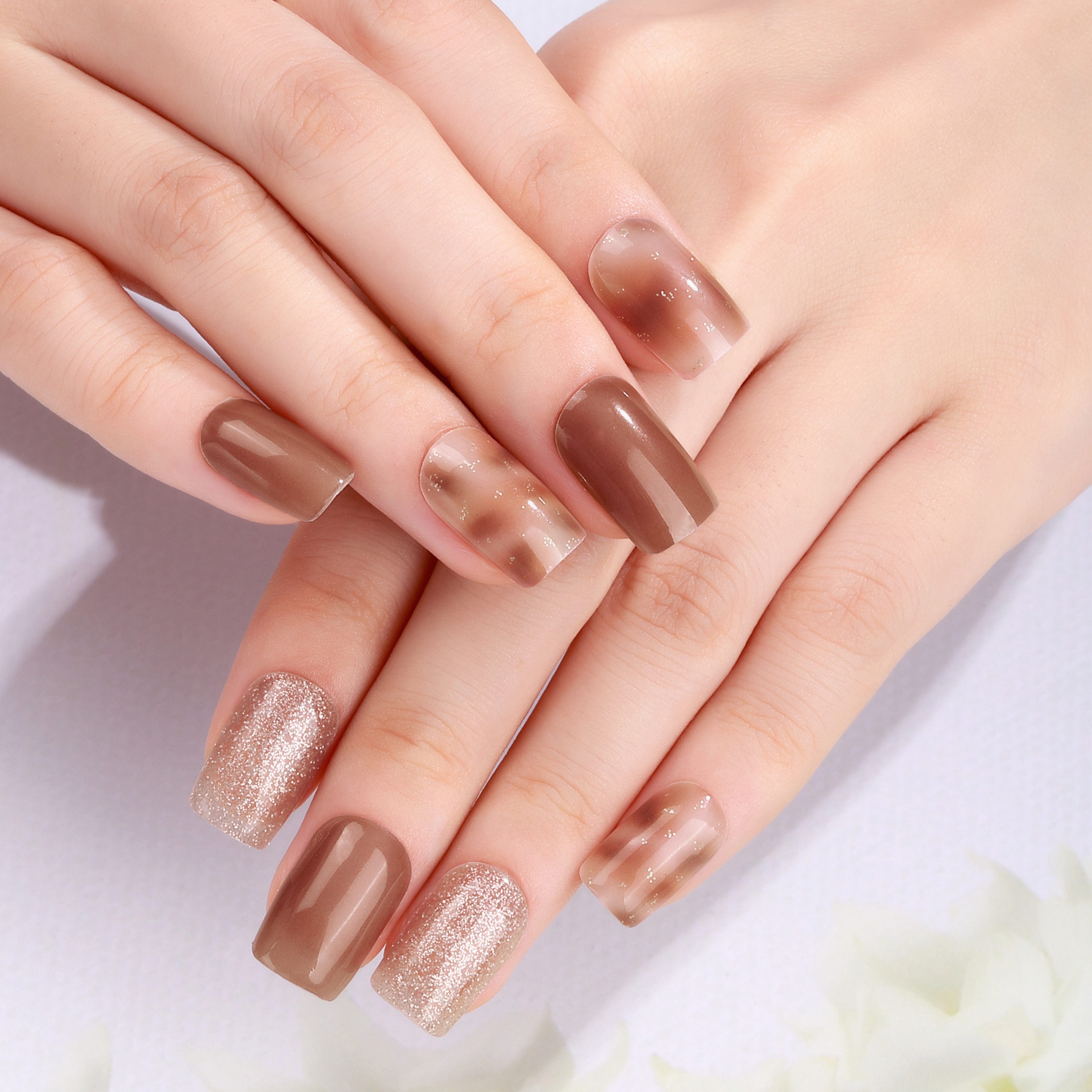 Mocha Marble & Glitter Gel Nail Wraps – Warm Sophistication for Formal Nails