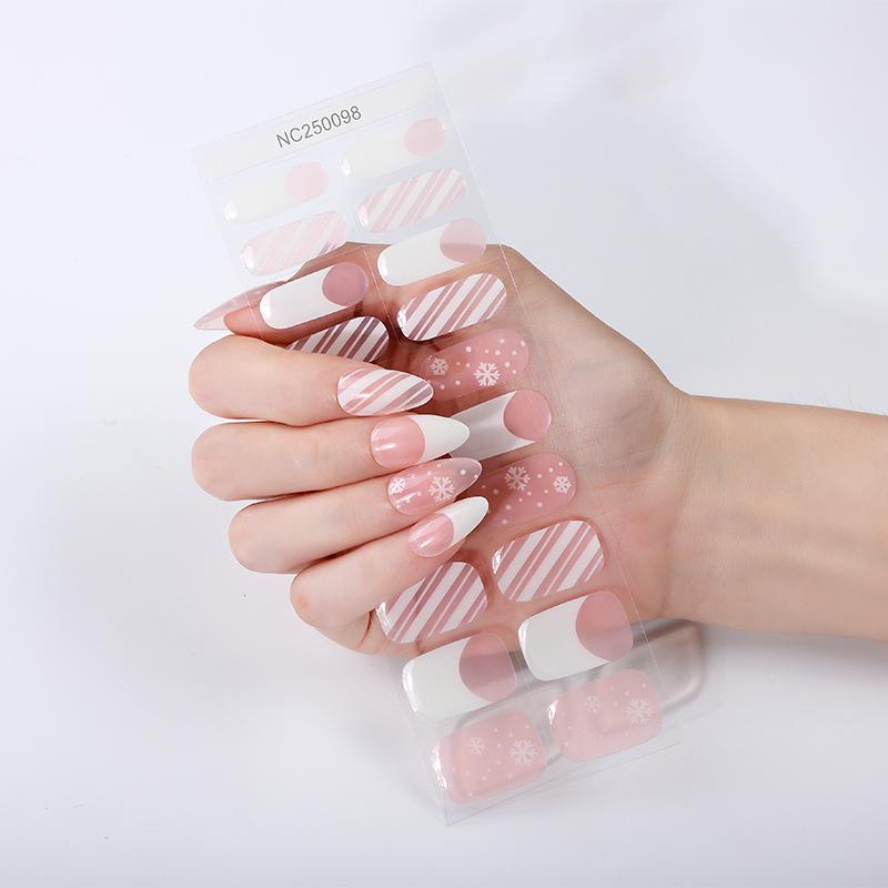 Pink Snowflake Candy Cane Nails Designs Semi Cured Gel Nail Strips