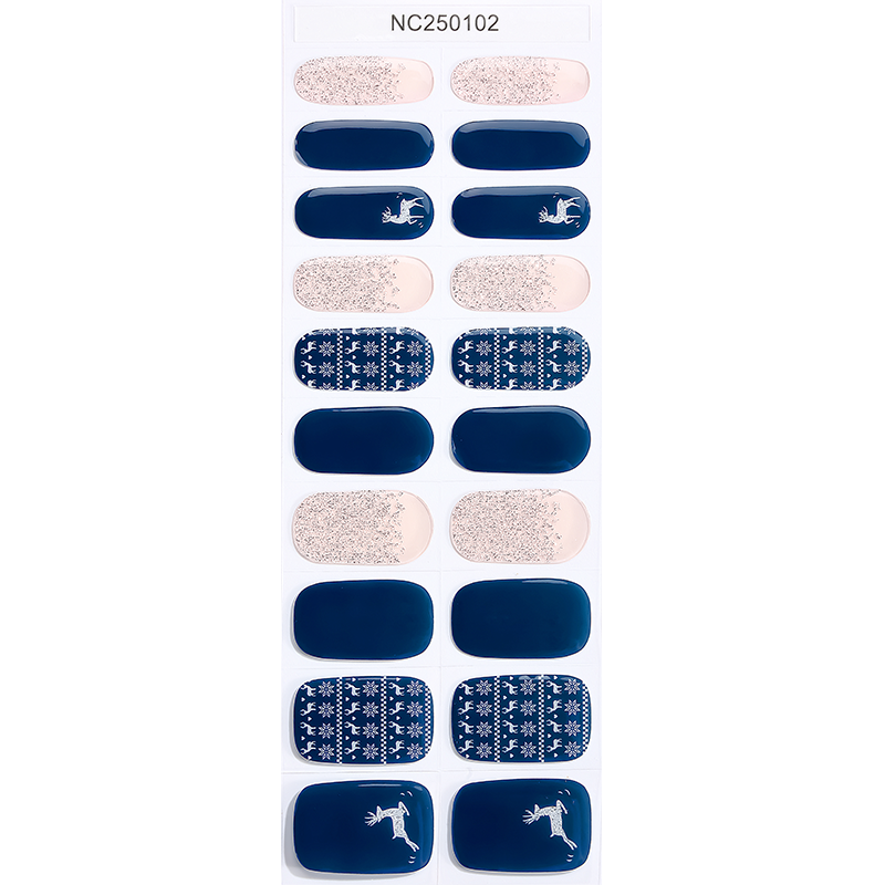 Navy Blue Reindeer Winter Nails Designs Semi Cured Gel Nail Strips