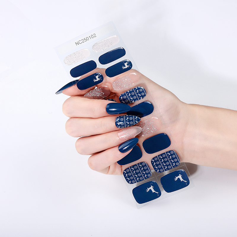 Navy Blue Reindeer Winter Nails Designs Semi Cured Gel Nail Strips