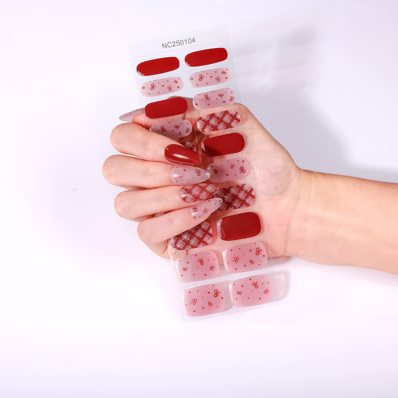 Red Plaid Bow Nails Designs Semi Cured Gel Nail Strips