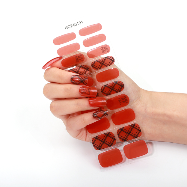 Retro Plaid Red Nails Designs Semi Cured Gel Nail Strips