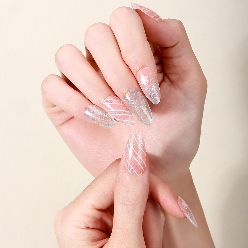 Pink & Silver Snowflake Sparkle Nails Designs Semi Cured Gel Nail Strips