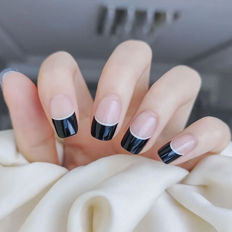 Classic Black French Gel Nail Wraps featuring elegant and minimalist French tip designs.