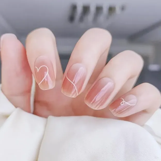 Elegant Whispers Gel Nail Wraps featuring minimalist white heart and line designs on a clear base for a sophisticated manicure.