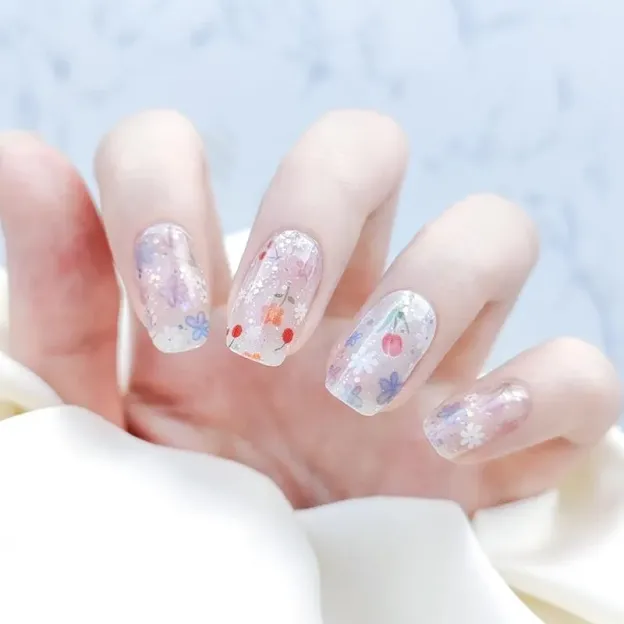 Floral transparent gel nail wraps featuring cherry blossoms and pastel flower designs.
