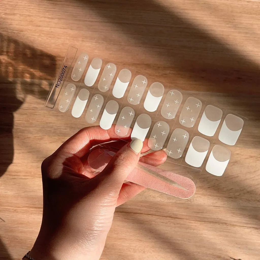 French Tip Gel Nail Wraps showcasing a classic and elegant French manicure design for semi-cured gel nails.