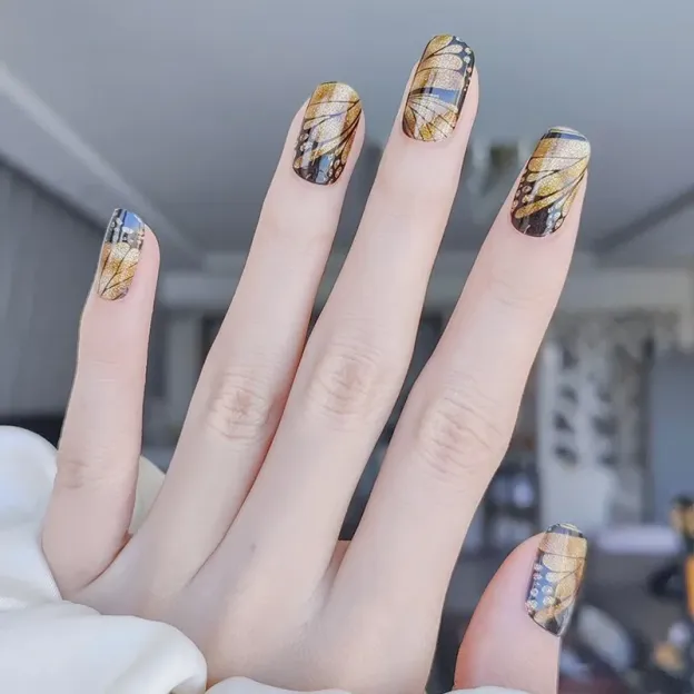 Golden Butterfly Gel Nail Wraps showcasing intricate butterfly patterns with a metallic gold finish, perfect for an elegant manicure.