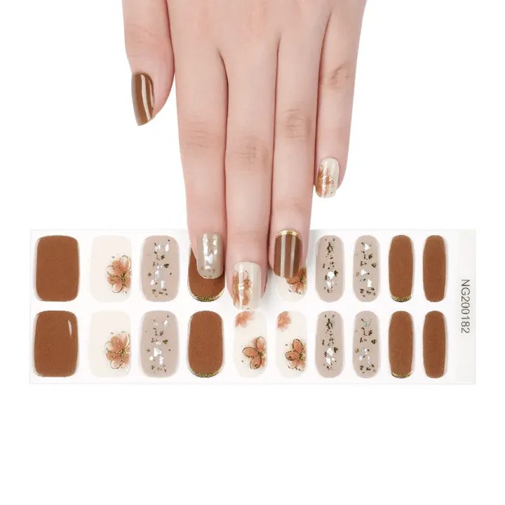 Autumn Floral Brown Nails Designs Semi Cured Gel Nail Strips