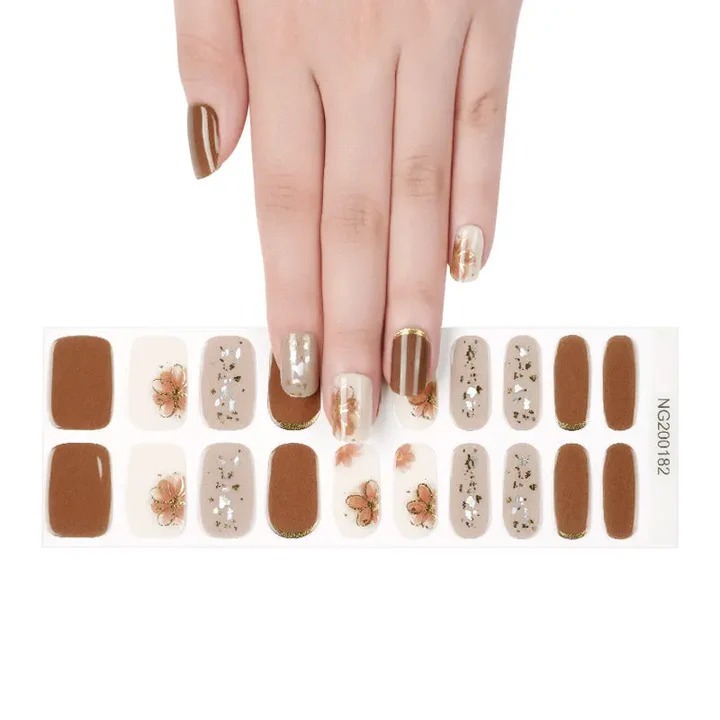 Autumn Floral Brown Nails Designs Semi Cured Gel Nail Strips