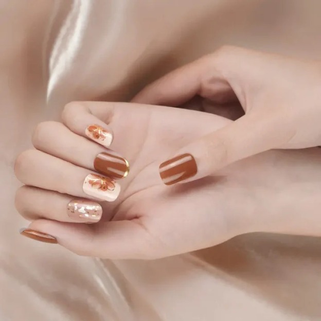Autumn Floral Brown Nails Designs Semi Cured Gel Nail Strips