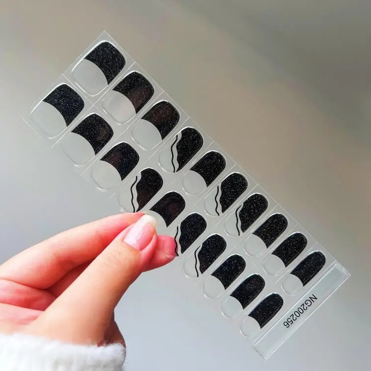 Black Glitter Curve Nails Designs Semi Cured Gel Nail Strips