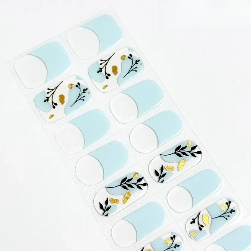 Blue Floral Art Nails Designs Semi Cured Gel Nail Strips