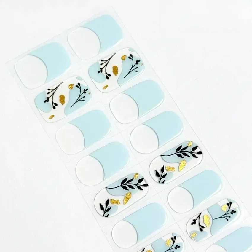 Blue Floral Art Nails Designs Semi Cured Gel Nail Strips