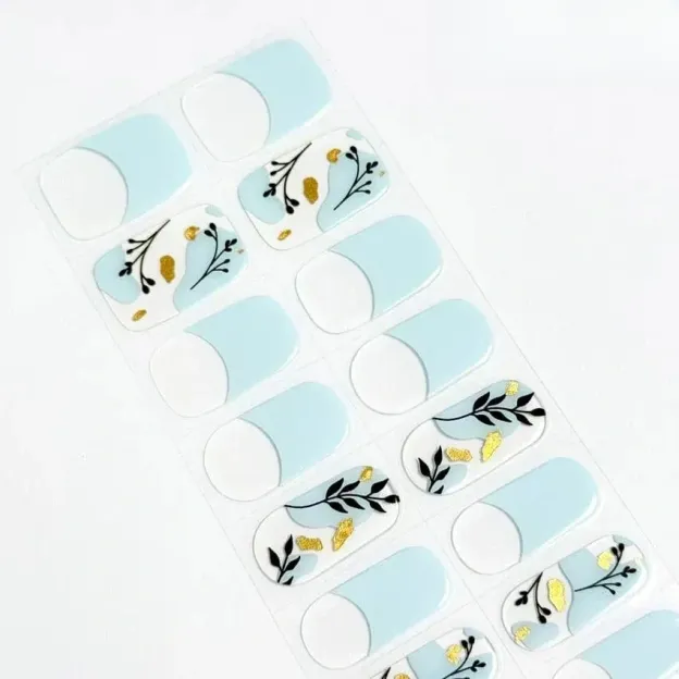 Blue Floral Art Nails Designs Semi Cured Gel Nail Strips
