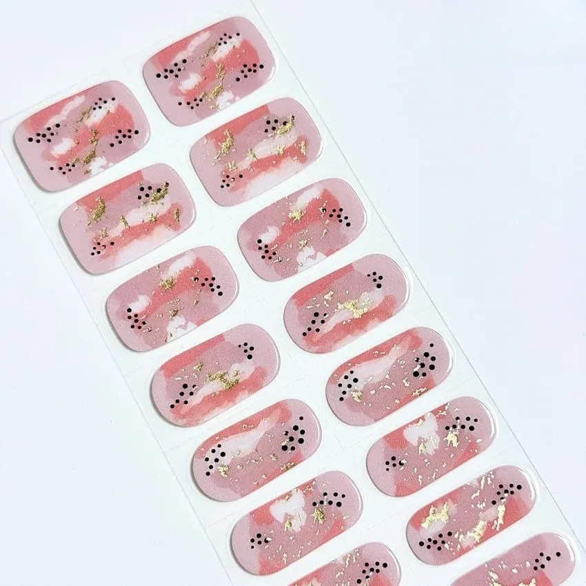 Coral Gold Marble Nails Designs Semi Cured Gel Nail Strips