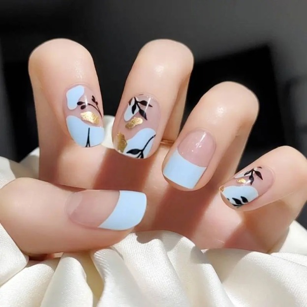 Blue Floral Art Nails Designs Semi Cured Gel Nail Strips